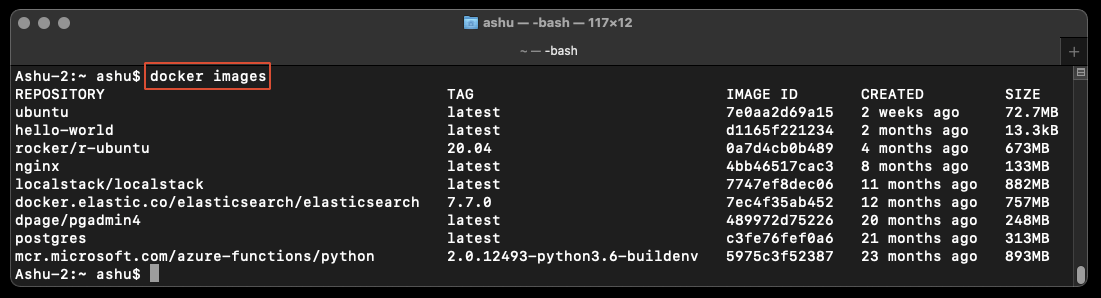docker images command running